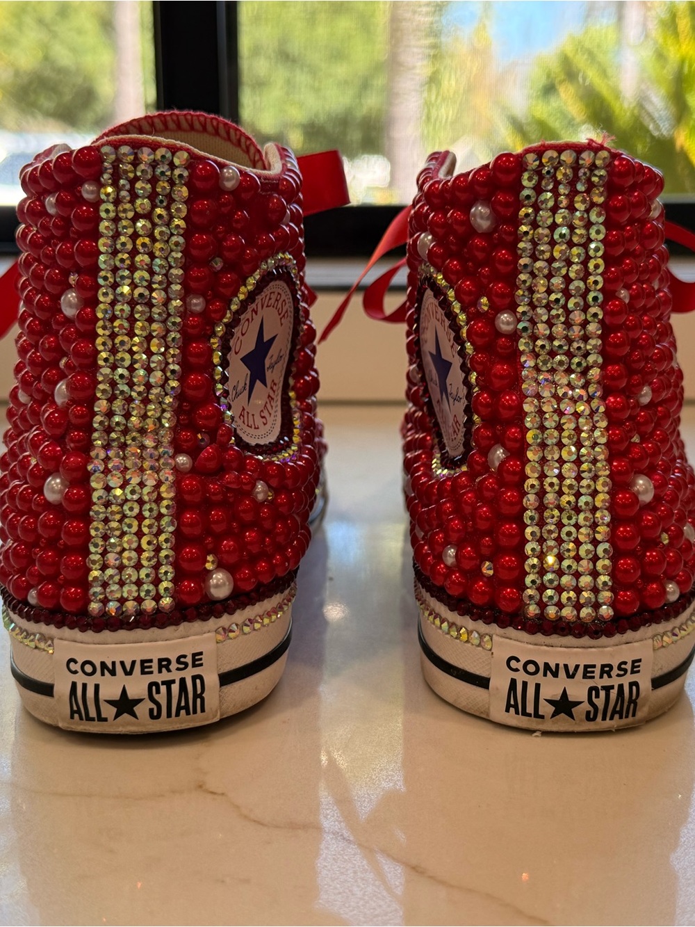 Converse Red Crystal & Pearl High-Top Sneakers - Picture 5 of 8